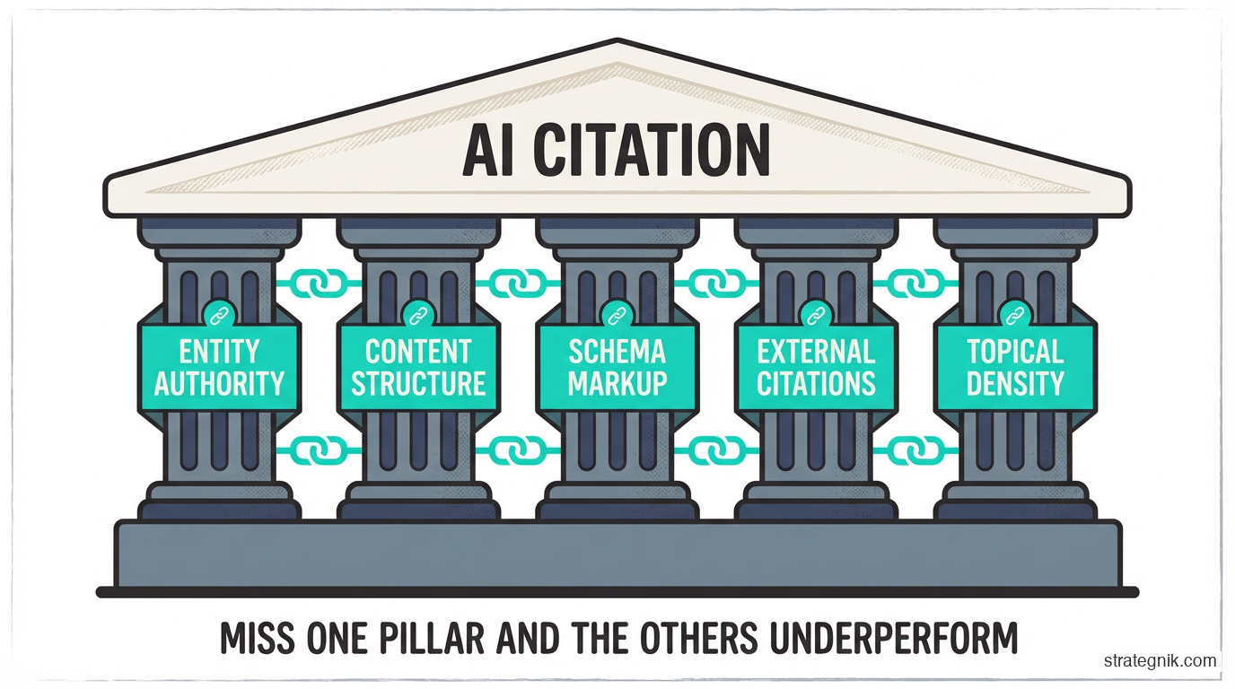 The five components of AEO — entity authority, content structure, schema markup, external citations, and topical density