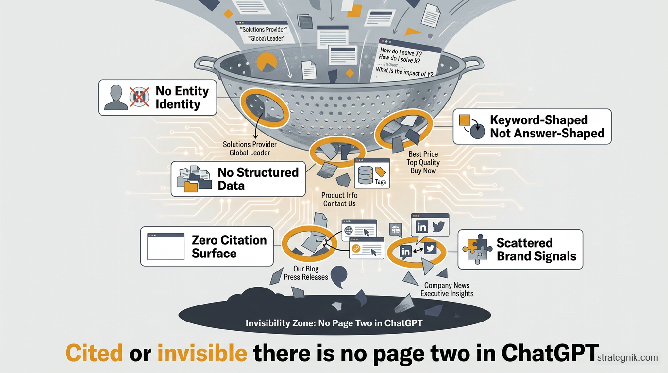 Diagnostic checklist diagram showing five reasons B2B companies are invisible to AI — no entity identity, keyword-shaped content, no structured data, zero citation surface, and scattered brand signals