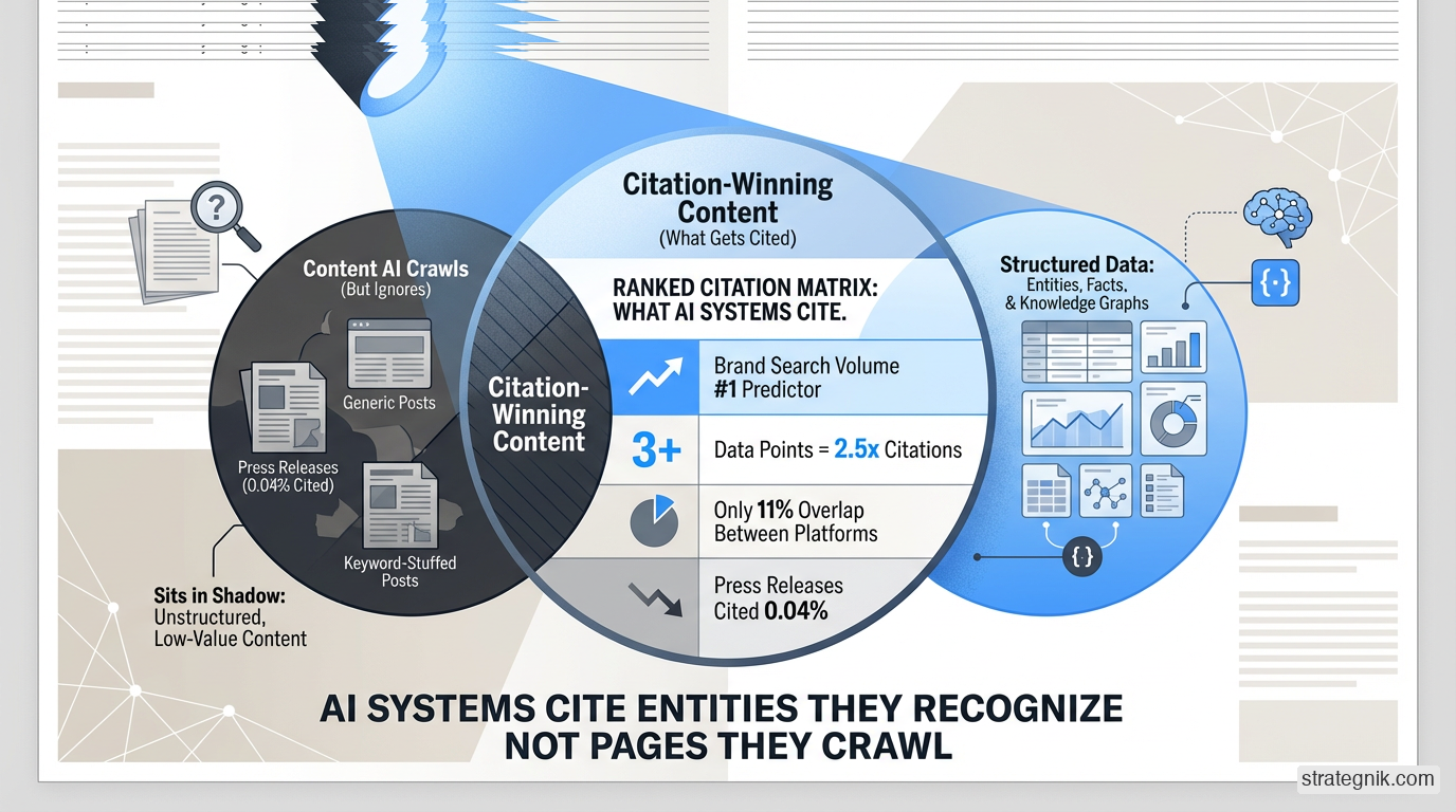 LLM citation patterns: what actually gets cited — brand authority, structured data, and original research win while press releases and keyword stuffing are invisible