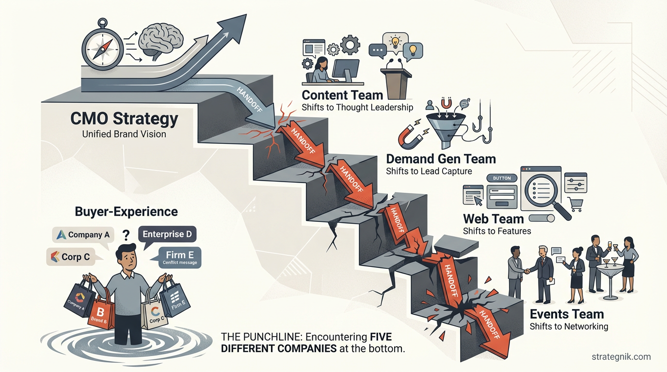 Cascading waterfall diagram showing how marketing strategy degrades through organizational handoffs — from CMO strategy through content, demand gen, web, and events teams — until the buyer encounters five different companies