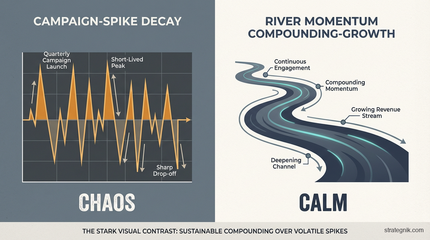 Campaign spikes vs. rivers of predictable impact — the operating model shift from volatile campaigns to compounding momentum
