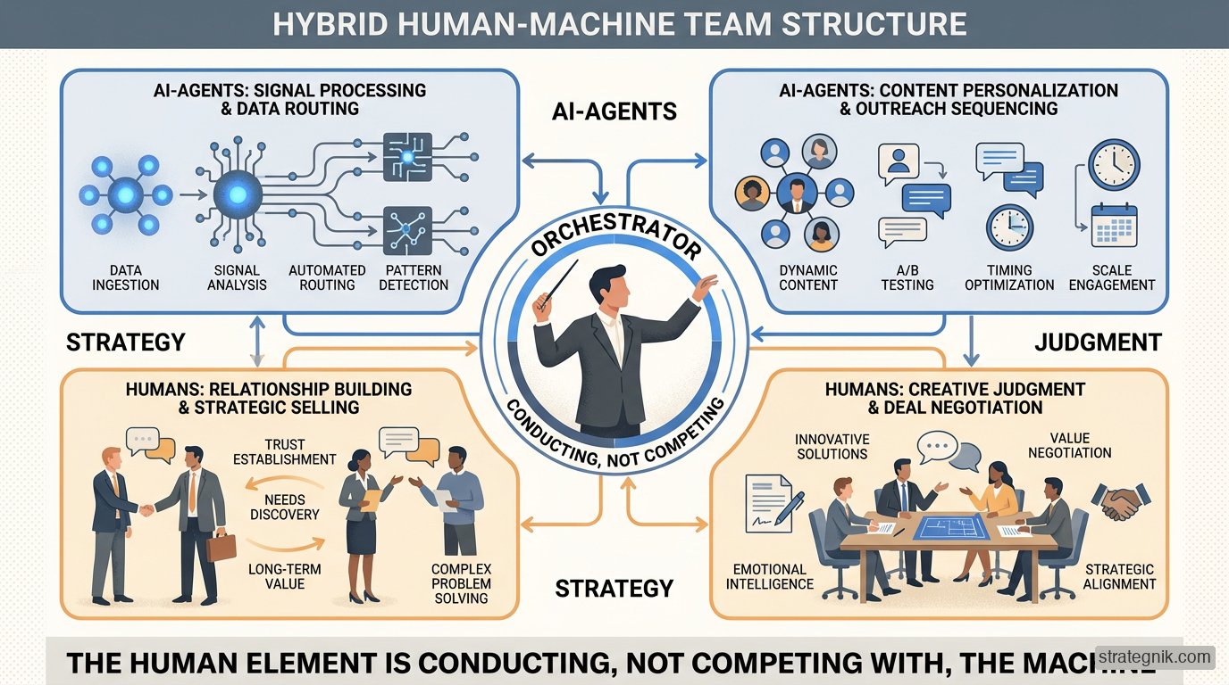 Human-machine team design — the orchestrator directs AI agents handling data, personalization, and outreach while humans own relationships and strategy