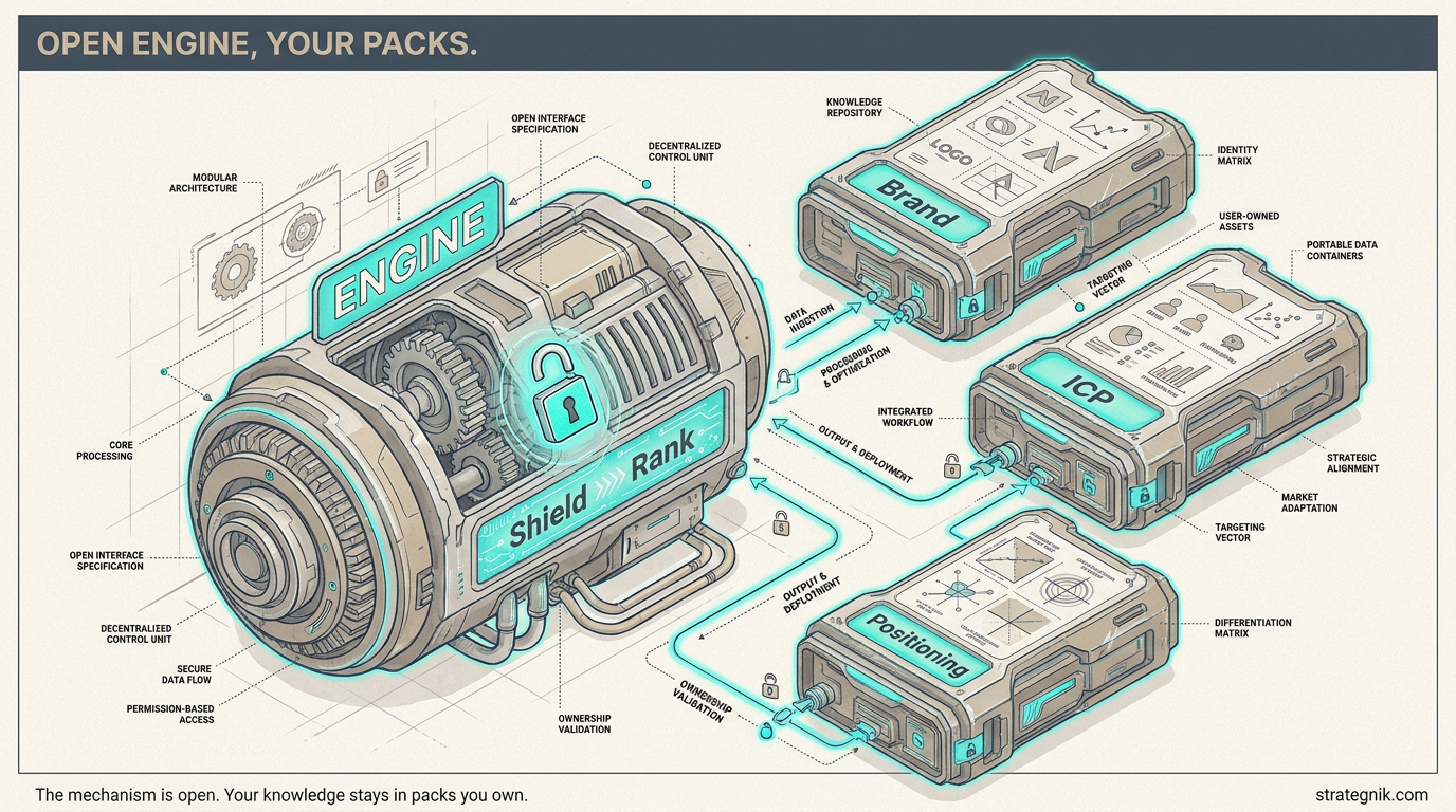 An open engine running Shield then Rank with your Brand, ICP, and Positioning as swappable packs