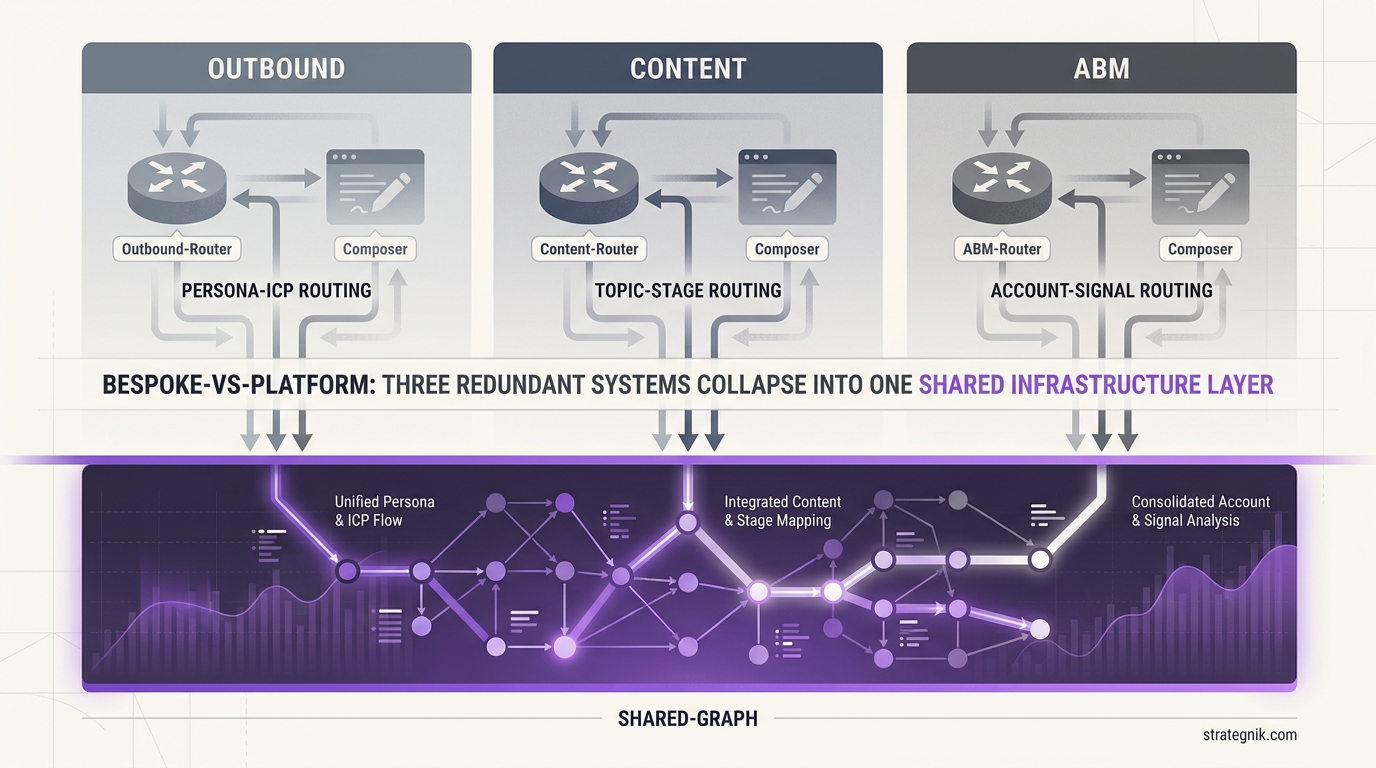 Bespoke vs platform diagram — three parallel router-composer pairs for Outbound, Content, and ABM collapsing into one shared graph infrastructure layer