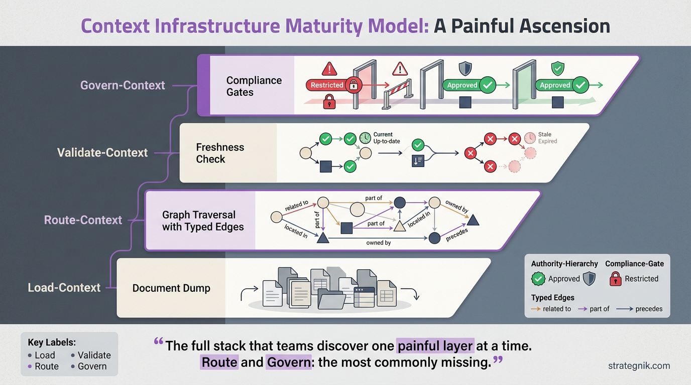 Context Infrastructure Maturity Model — four ascending layers from Load to Route to Validate to Govern, with Route and Govern highlighted as the most commonly missing