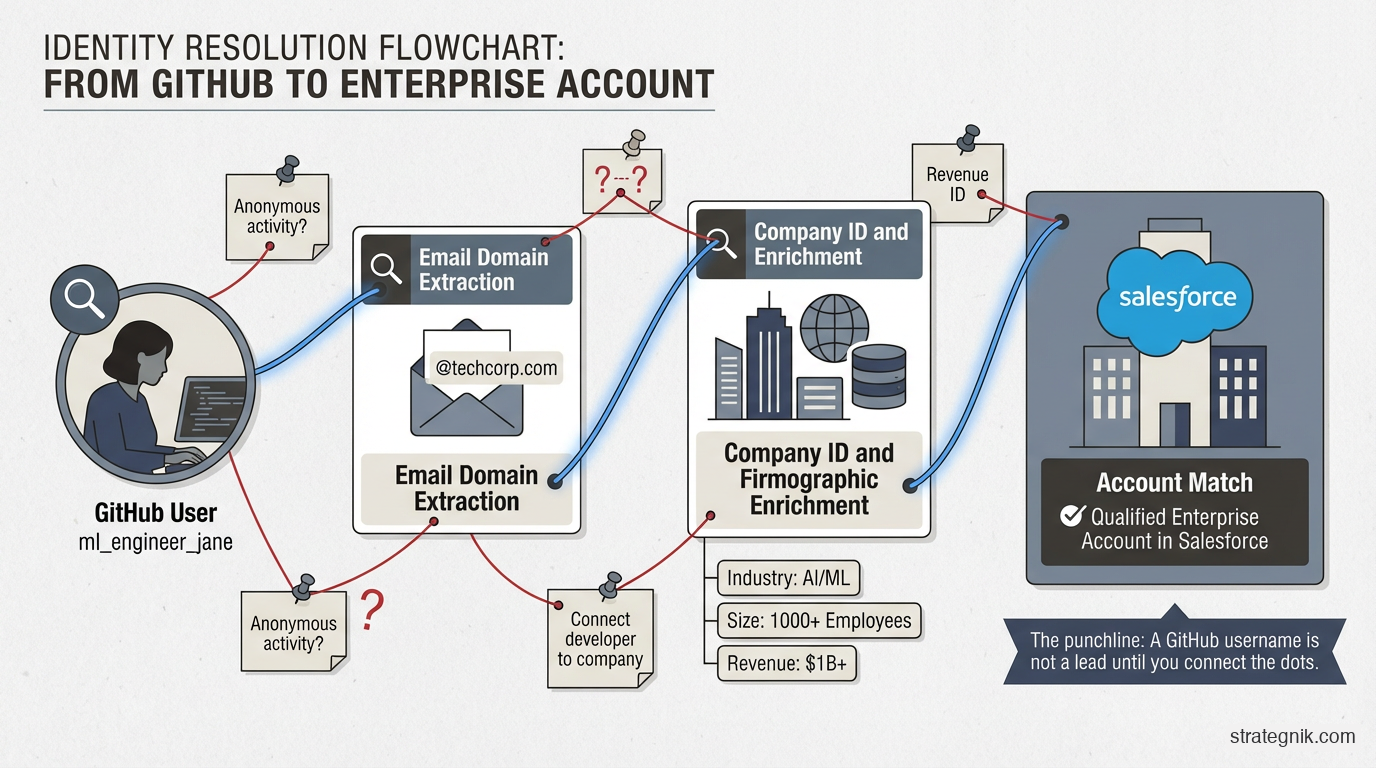 Identity resolution flowchart tracing a GitHub username through email domain extraction, company identification, and firmographic enrichment to a matched Salesforce account