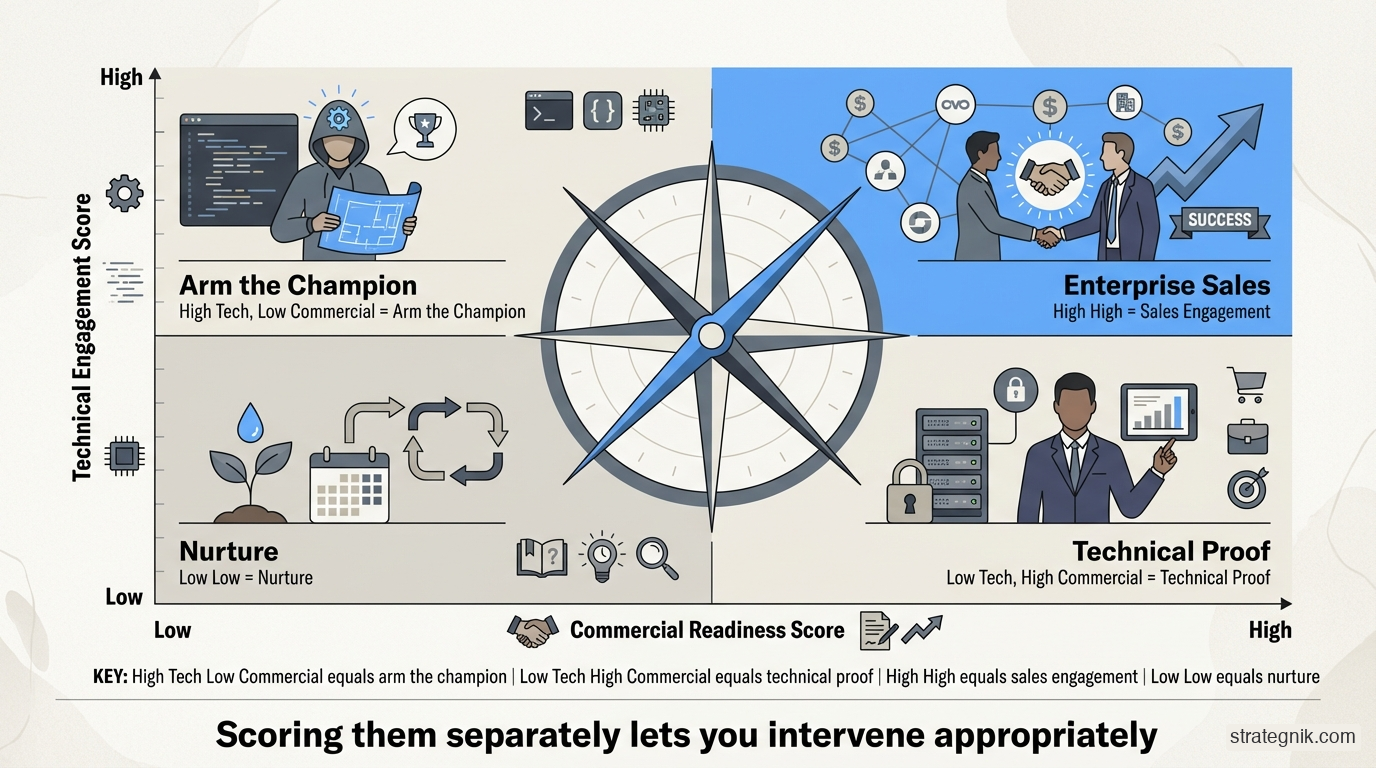 Dual-track scoring matrix with technical engagement on one axis and commercial readiness on the other, showing four quadrants: arm the champion, technical proof, enterprise sales, and nurture