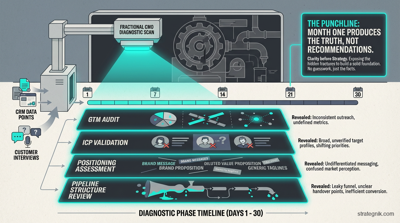 The diagnostic phase — days 1 through 30 focused on listening, auditing, and mapping the GTM system