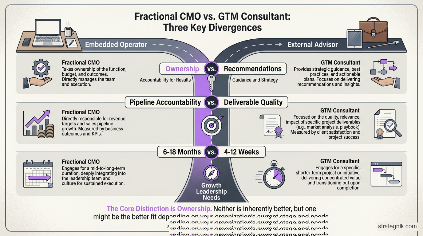 Where a fractional CMO and GTM consultant diverge — ownership, accountability, and duration