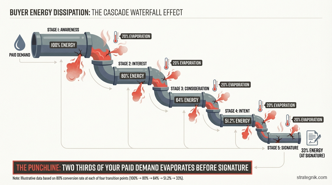 Friction as an energy loss cascade — demand generated at the top dissipating through each funnel stage