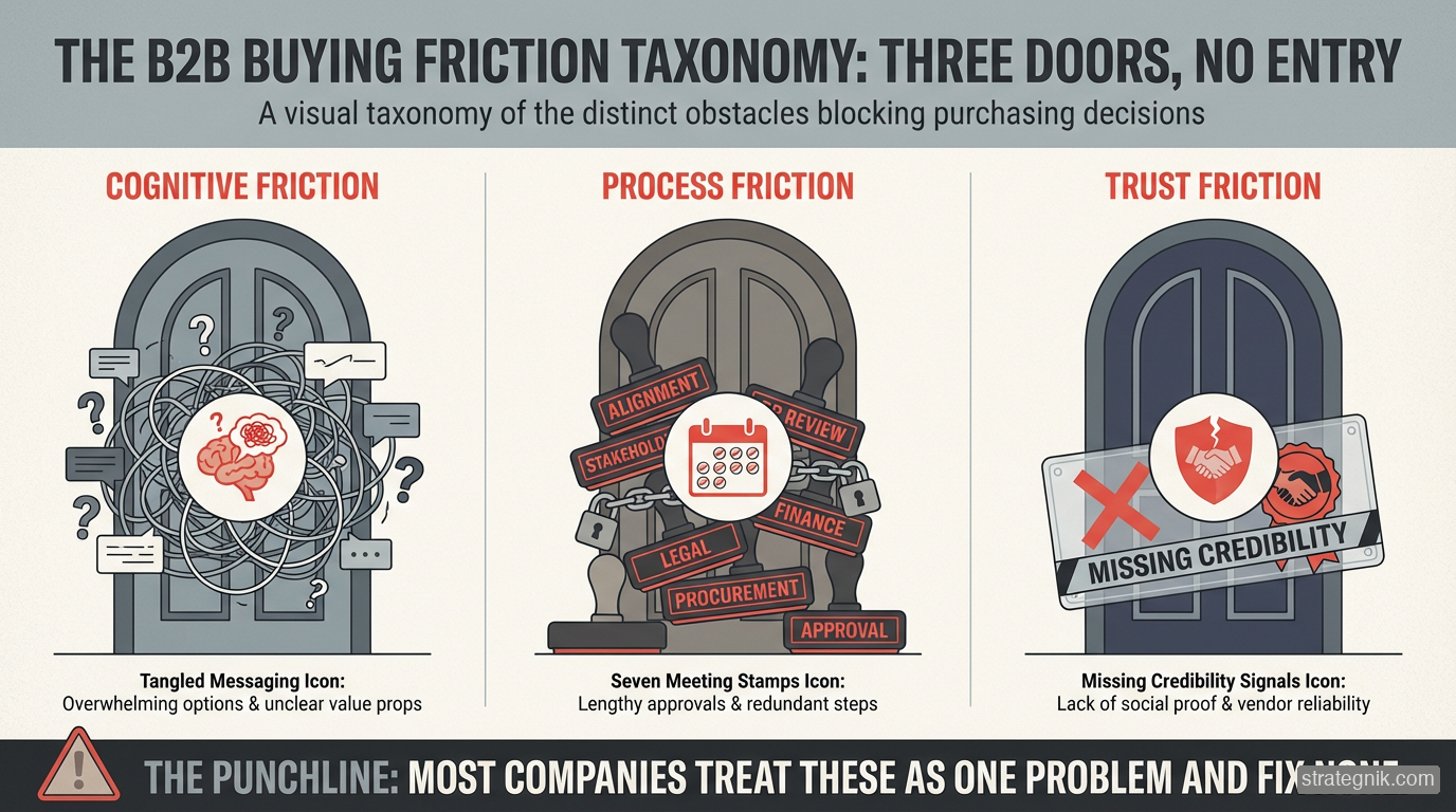 Three types of friction — cognitive, process, and trust — each requiring different fixes