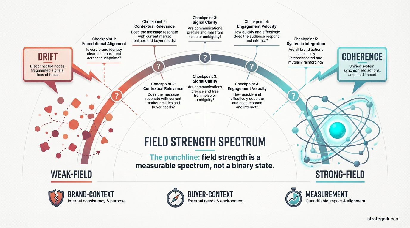 Diagnostic spectrum — weak field showing drift and fragmentation on the left, strong field showing coherent orbit on the right