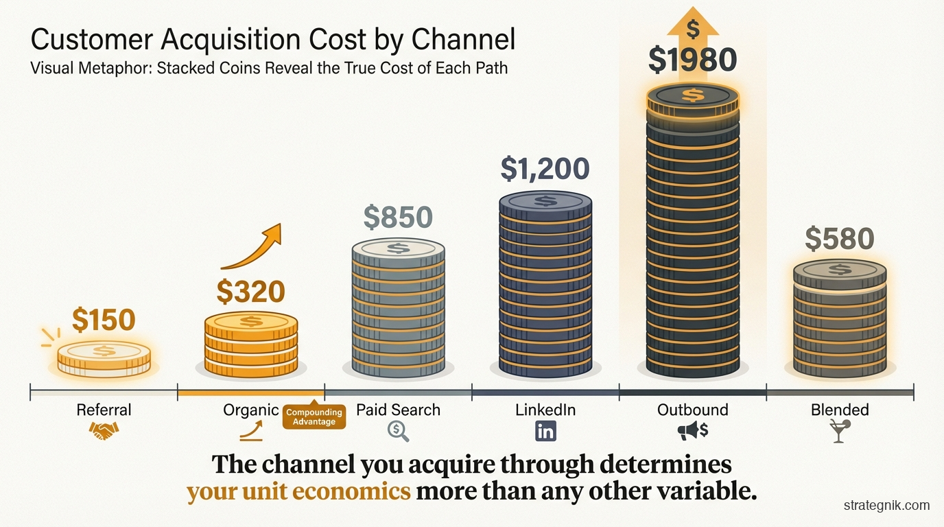 Customer acquisition cost by channel — referrals at $150 to outbound at $1,980, showing why channel mix determines unit economics