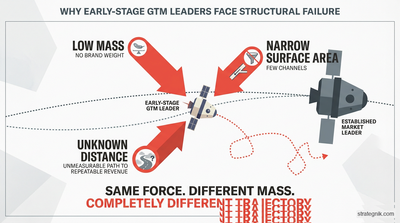Force diagram showing three physics vectors acting on an early-stage GTM system — low mass, narrow surface area, and unknown distance to repeatable revenue — producing erratic trajectories compared to mature companies