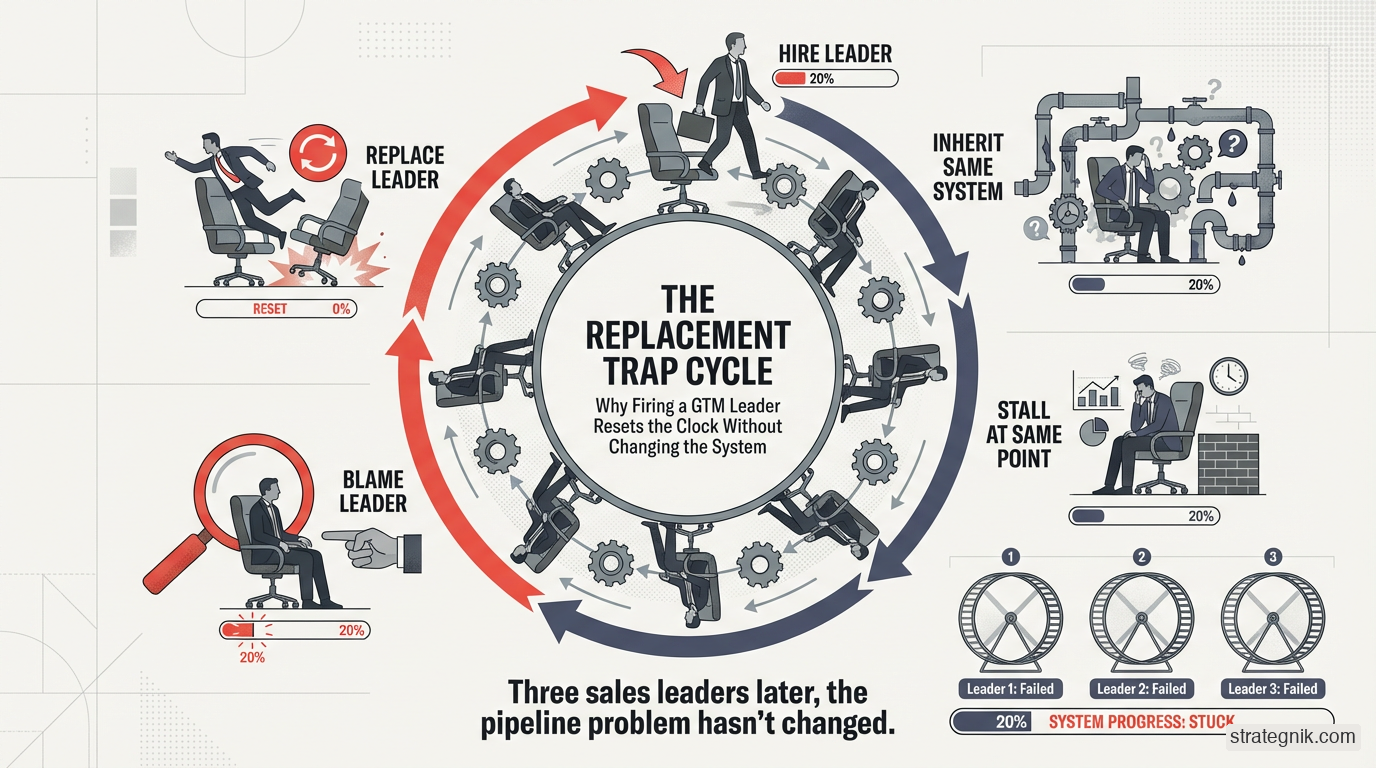 Circular loop diagram showing the replacement trap — hire leader, inherit same system, stall at same point, blame leader, replace leader, repeat — with the pipeline problem unchanged each cycle