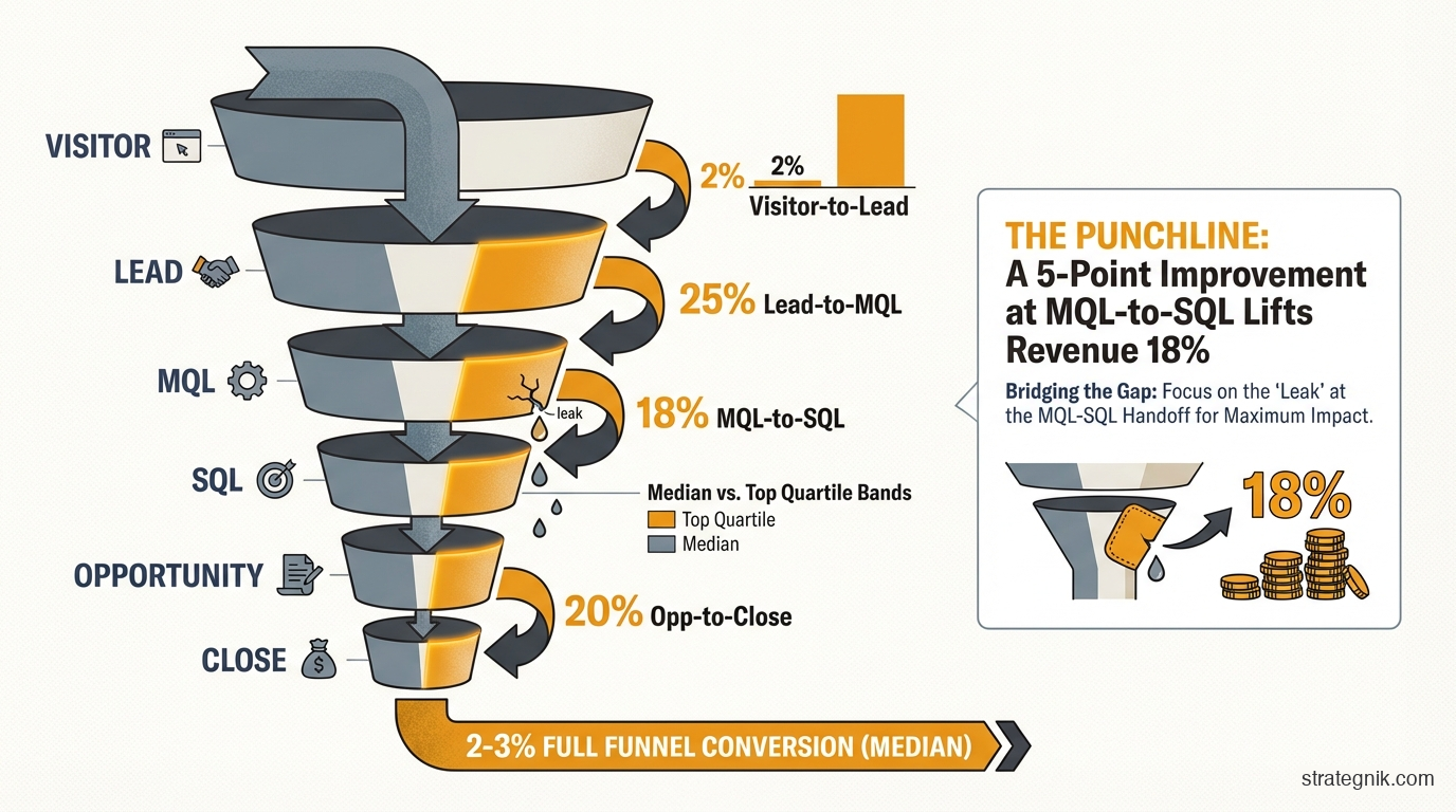 B2B SaaS funnel conversion rates by stage — from visitor to close, with median and top-quartile benchmarks