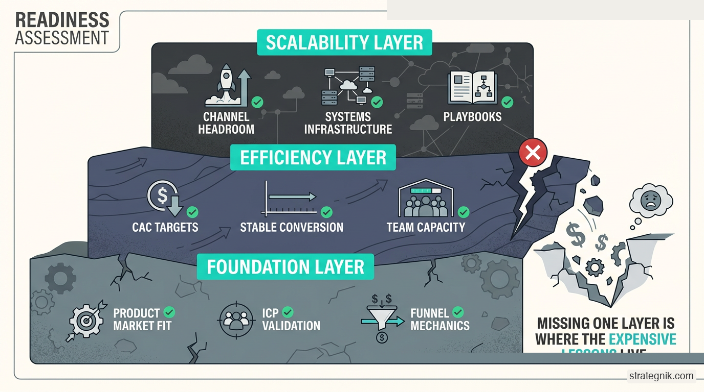 Three-layer readiness model — foundation, efficiency, and scalability must all be present before scaling