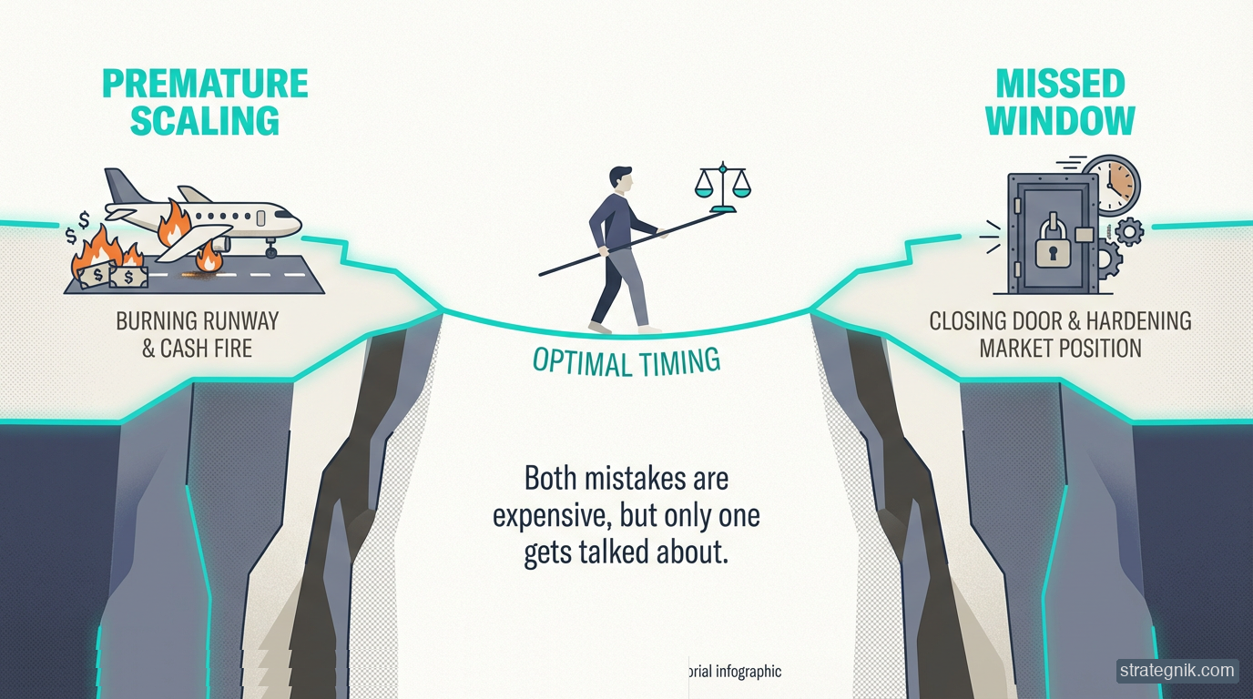 Two failure modes — premature scaling burns cash while scaling too late cedes market position