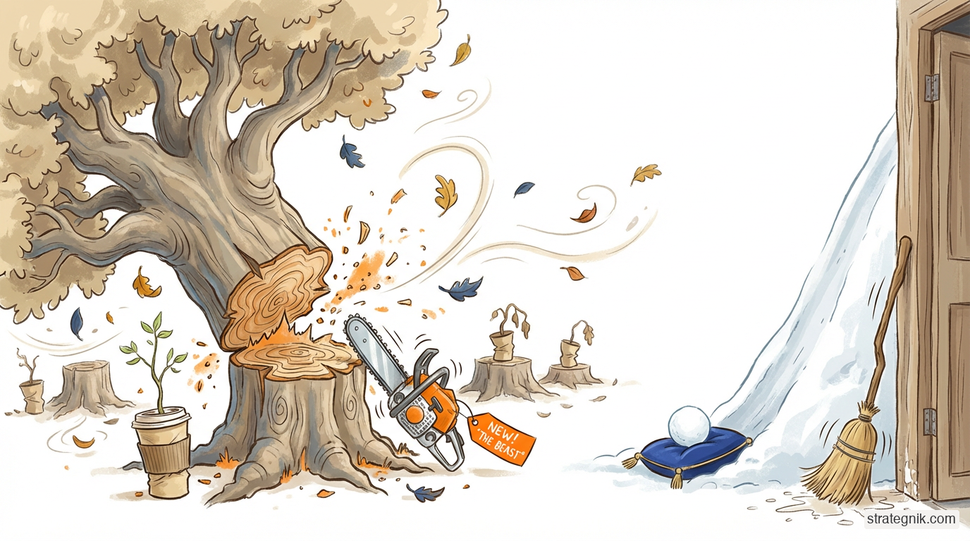 A falling tree illustrating how momentum, once lost, requires far more energy to rebuild