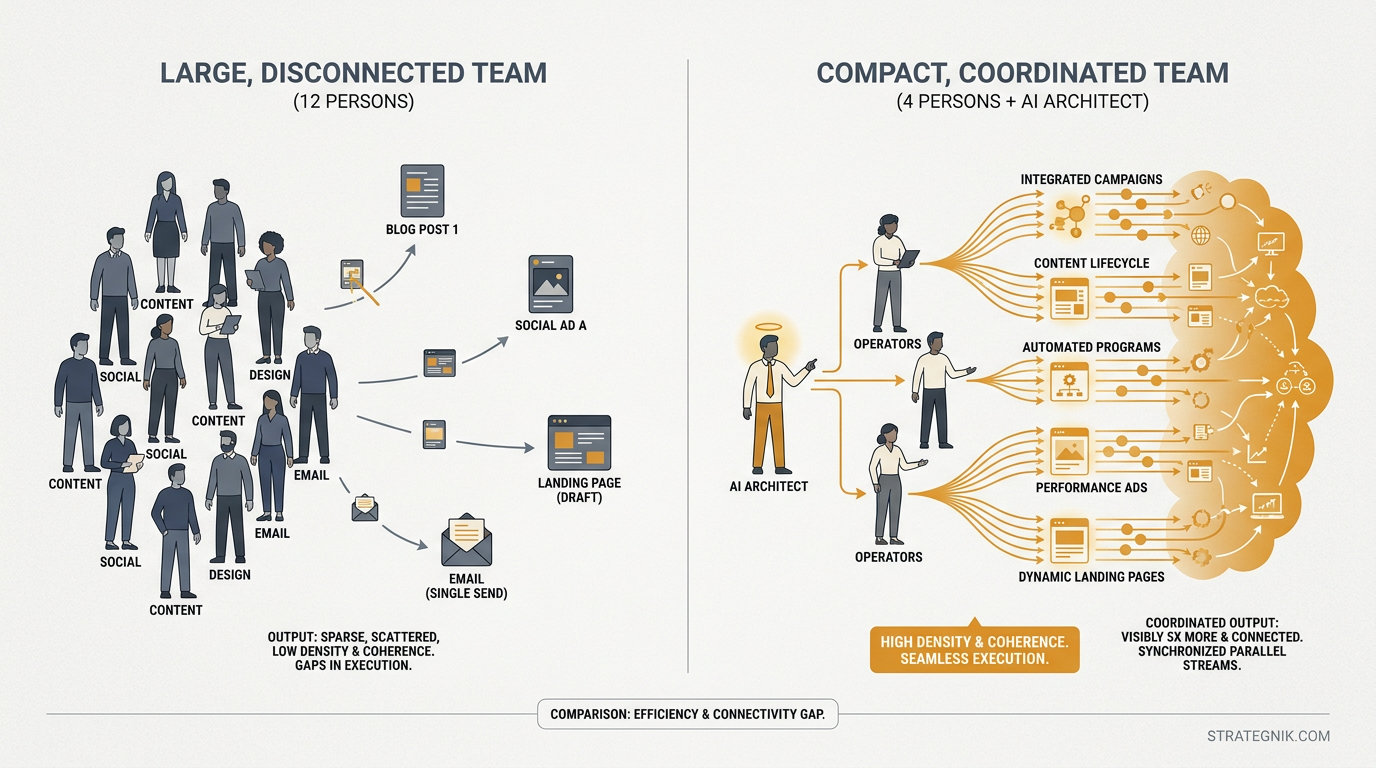 The Headcount Math — 8-12 person channel team at $1.2-1.8M vs. 4-6 person outcome team at $800K-1.1M, same budget, dramatically more leverage