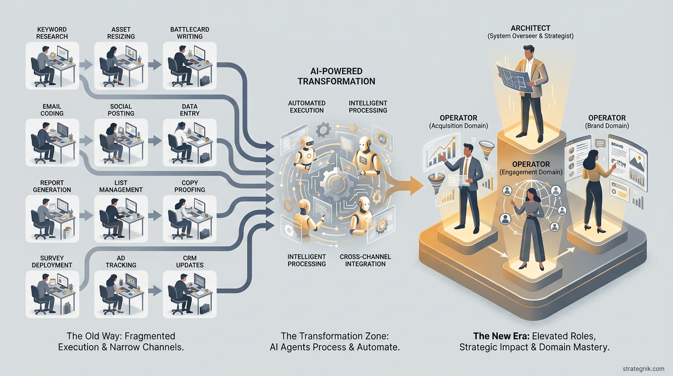 The Skill Premium Collapse — product marketing, production design, and SEO specialist roles absorbed by AI, with only strategic judgment remaining as human value