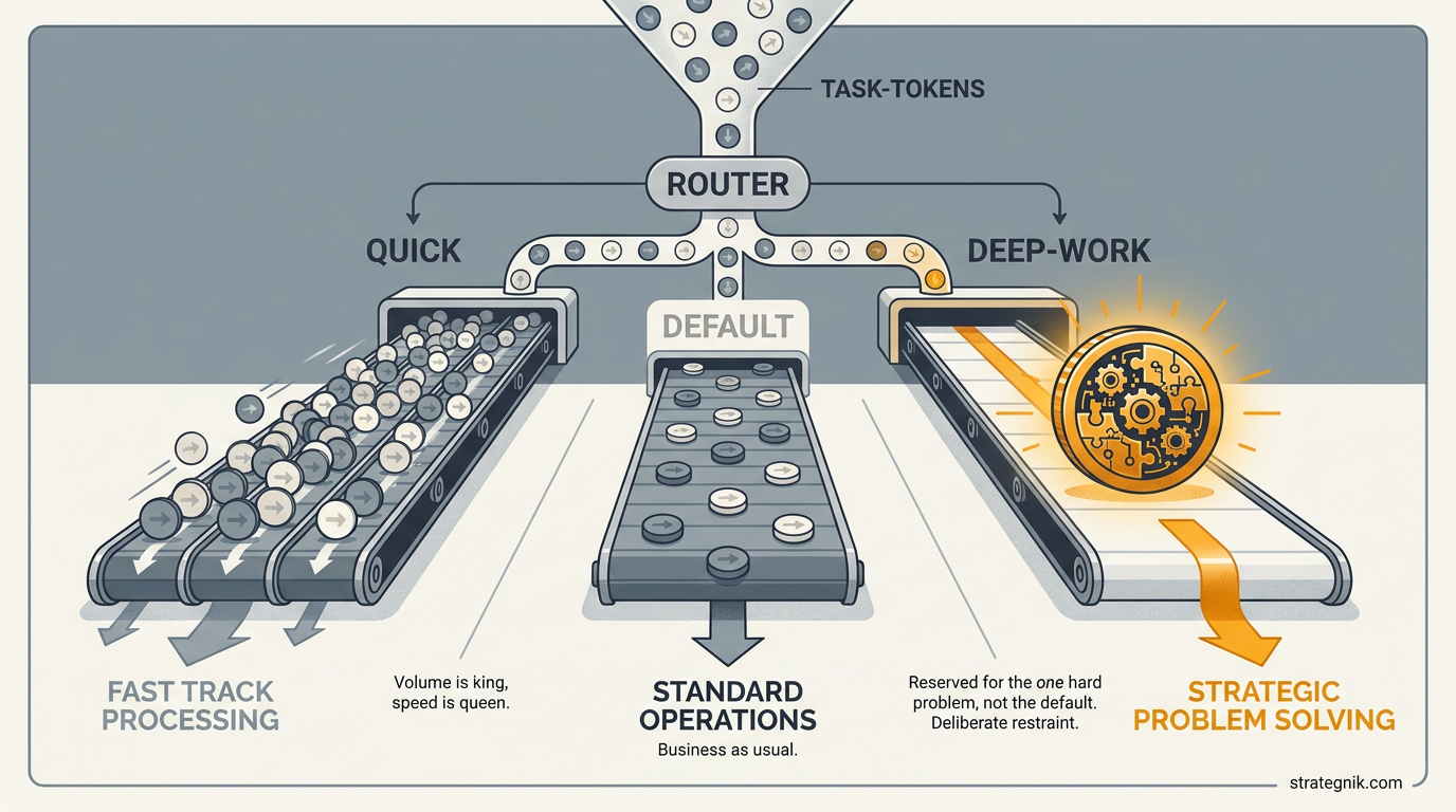 Incoming tasks routed by a central router into three right-sized lanes — a busy Quick lane for volume, a Default lane for everyday work, and a Deep-Work lane reserved for the one hard problem.
