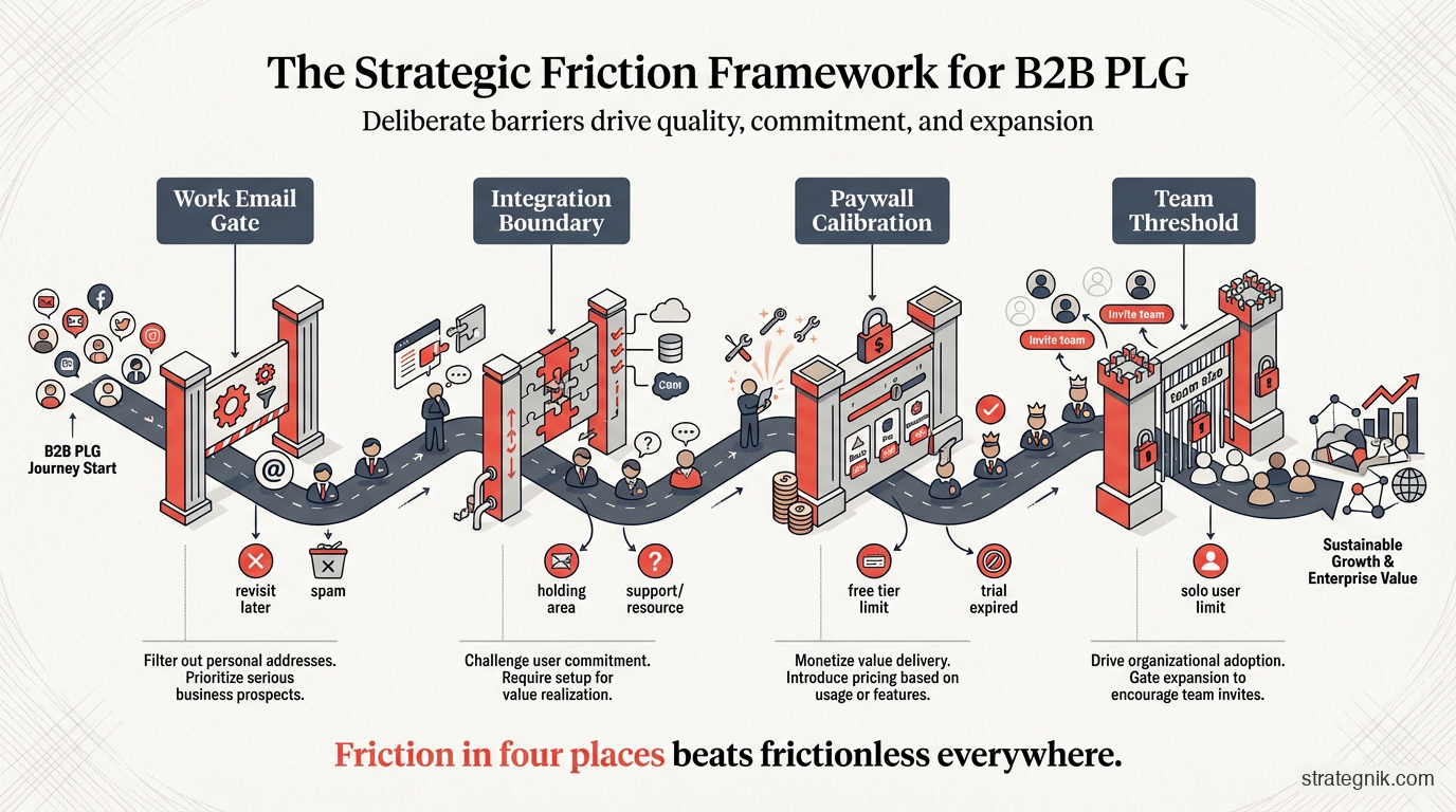 Four strategic friction points in B2B PLG: signup, integration boundary, free-to-paid wall, and team expansion