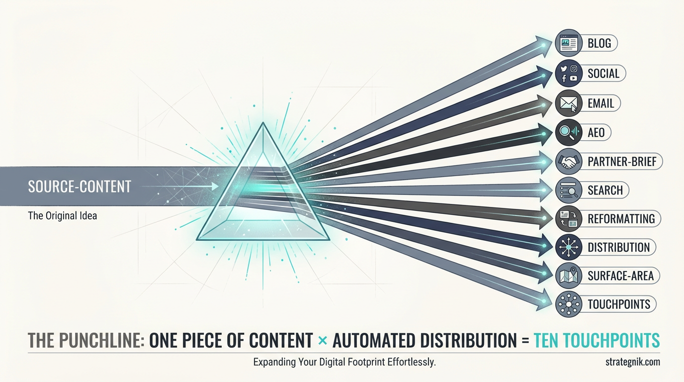 One piece of content multiplied across ten channels through automated distribution