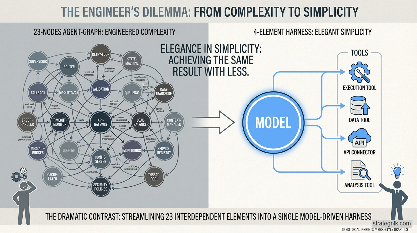 Diagram showing 23 interconnected agent-graph nodes on the left collapsing into a single model with four tools on the right — from engineered complexity to elegant simplicity