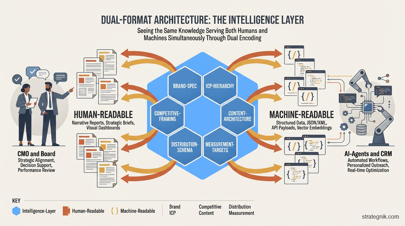 Dual-format architecture showing six Intelligence Layer components each forking into human-readable outputs for the CMO and machine-readable outputs for AI agents and CRM systems