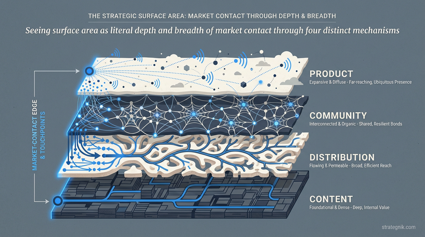 The four layers of surface area — content, distribution, community, product — each extending market contact through different mechanisms