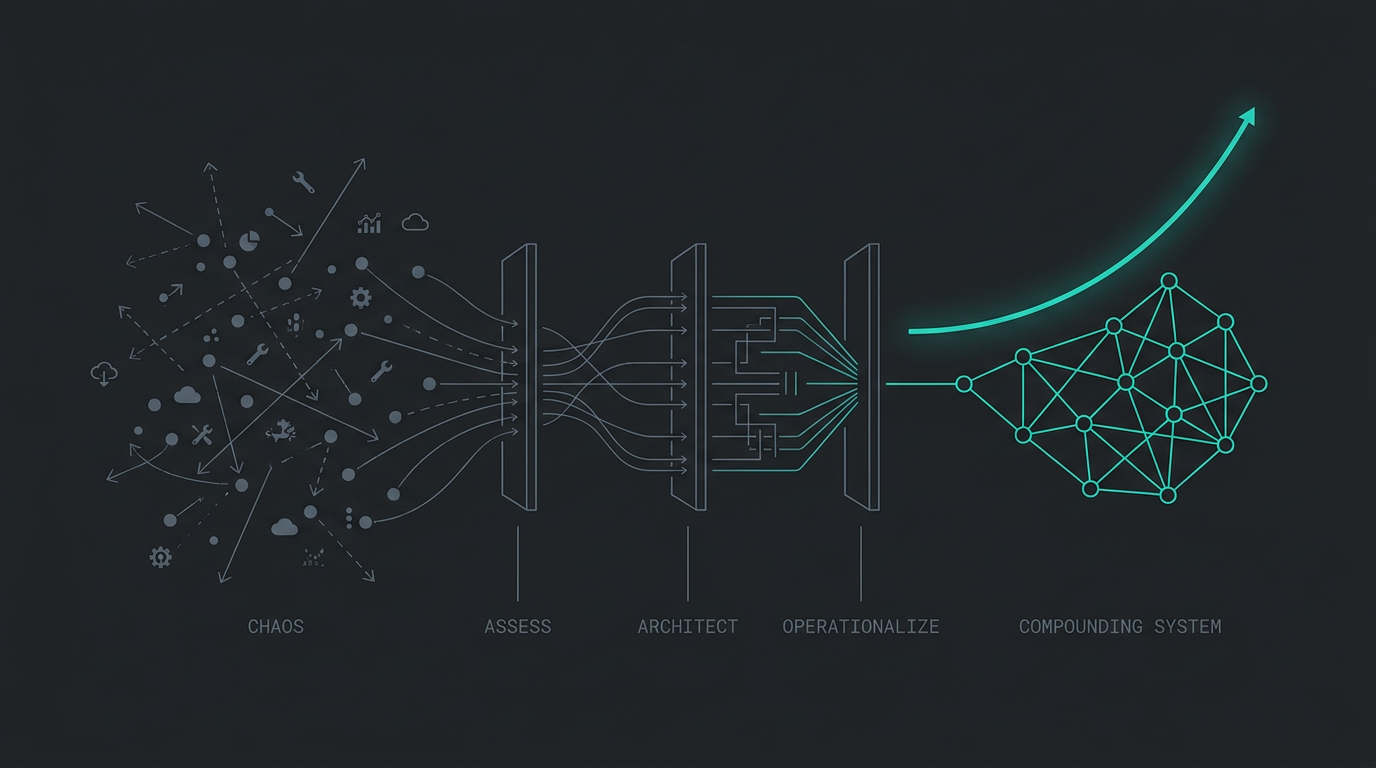 The transformation: scattered tools and teams converge through Assess, Architect, and Operationalize into one compounding AI-first go-to-market